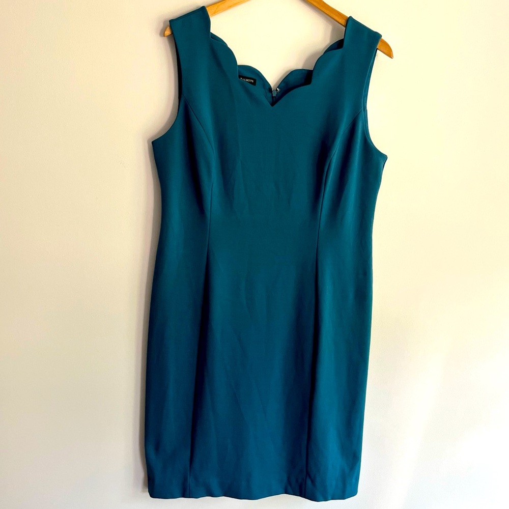 Talbots Teal Scalloped Neck Sleeveless Sheath Dress